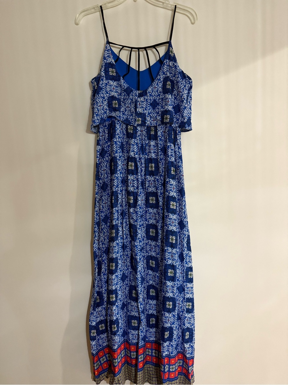 dee elle Royal Blue Printed Maxi Dress with Strappy Cage Neck